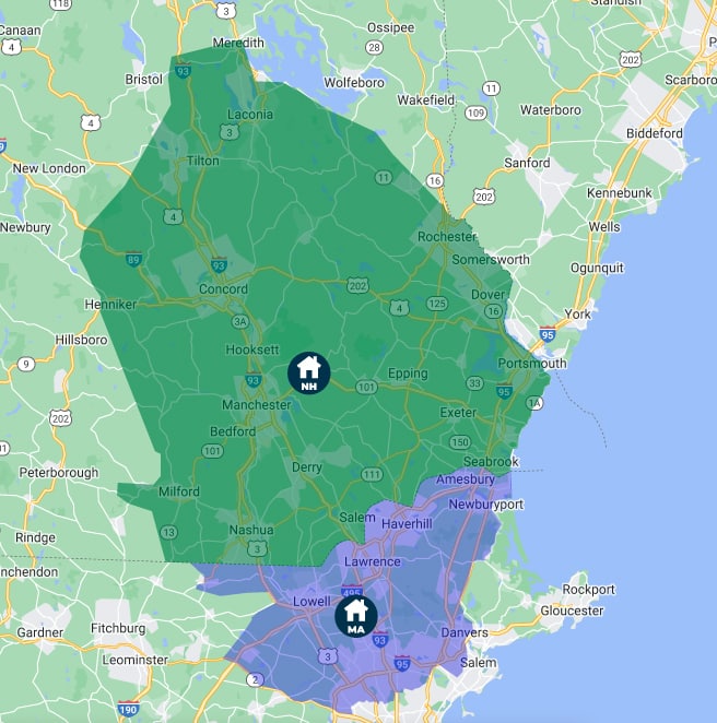 Map showing Heritage Home Services service area around NH and MA