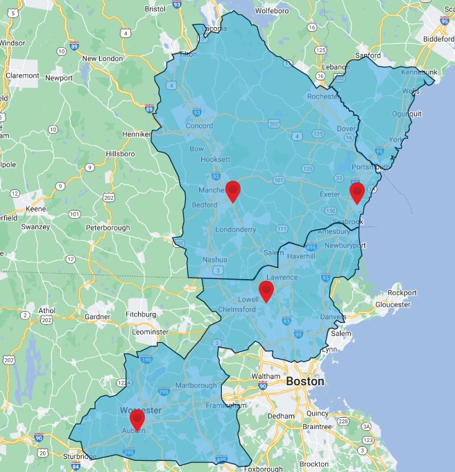 Map showing all of Heritage's office locations and service areas in New Hampshire, Massachusetts, and Maine