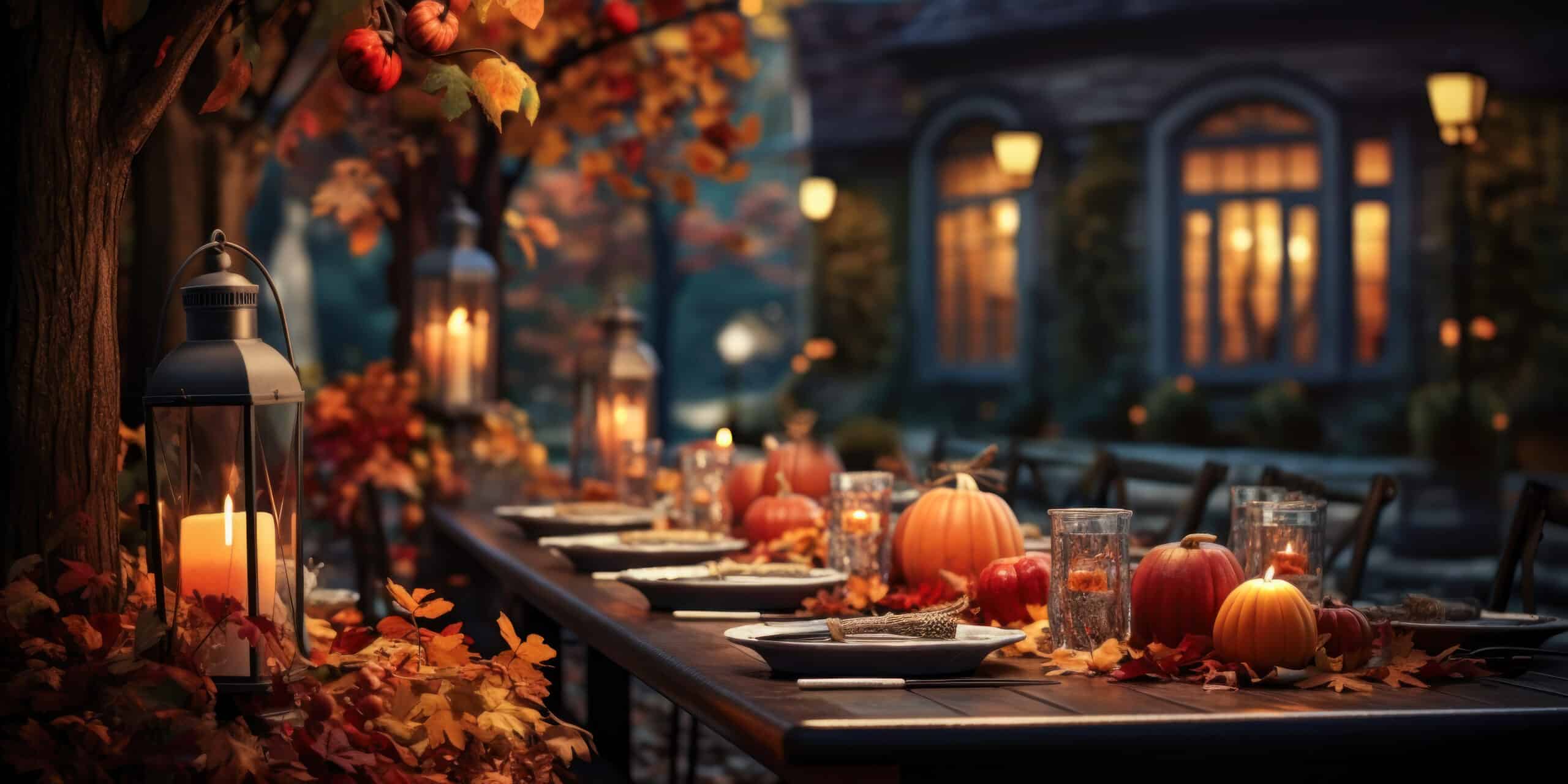 Autumn outdoor dinner table setting with lanterns and pumpkins at night, fall harvest season, rustic, fete party, outside dining tablescape