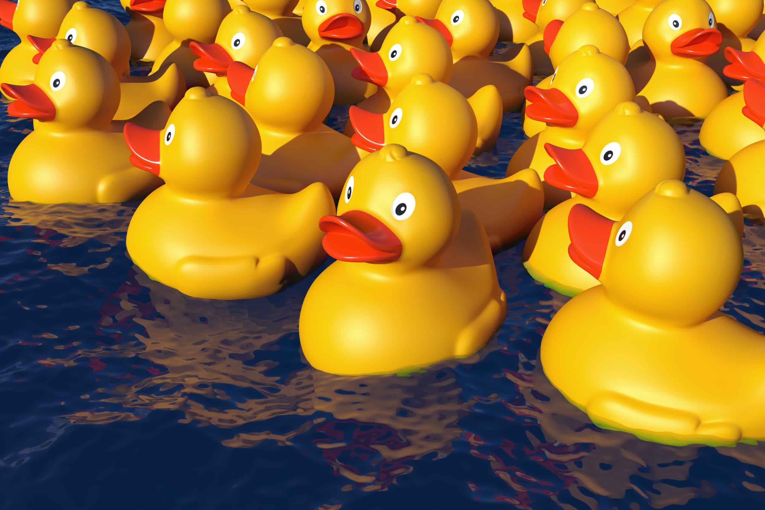 Many rubber ducks in the water
