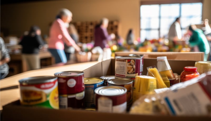 cans and food packaged in a box for a food drive