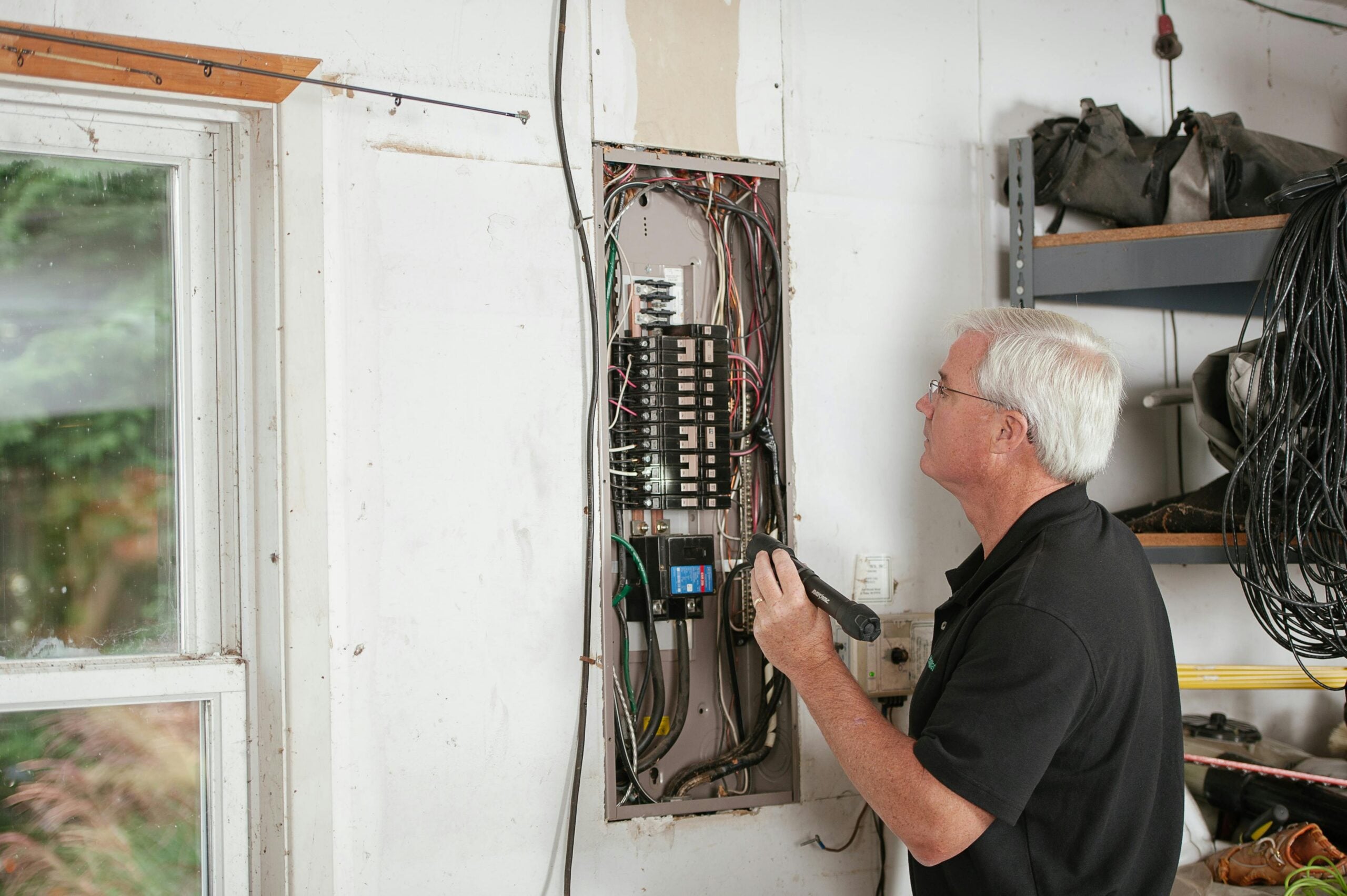 Electrician inspecting electrical panel service to ensure capacity for EVs, heat pumps, and modern home loads