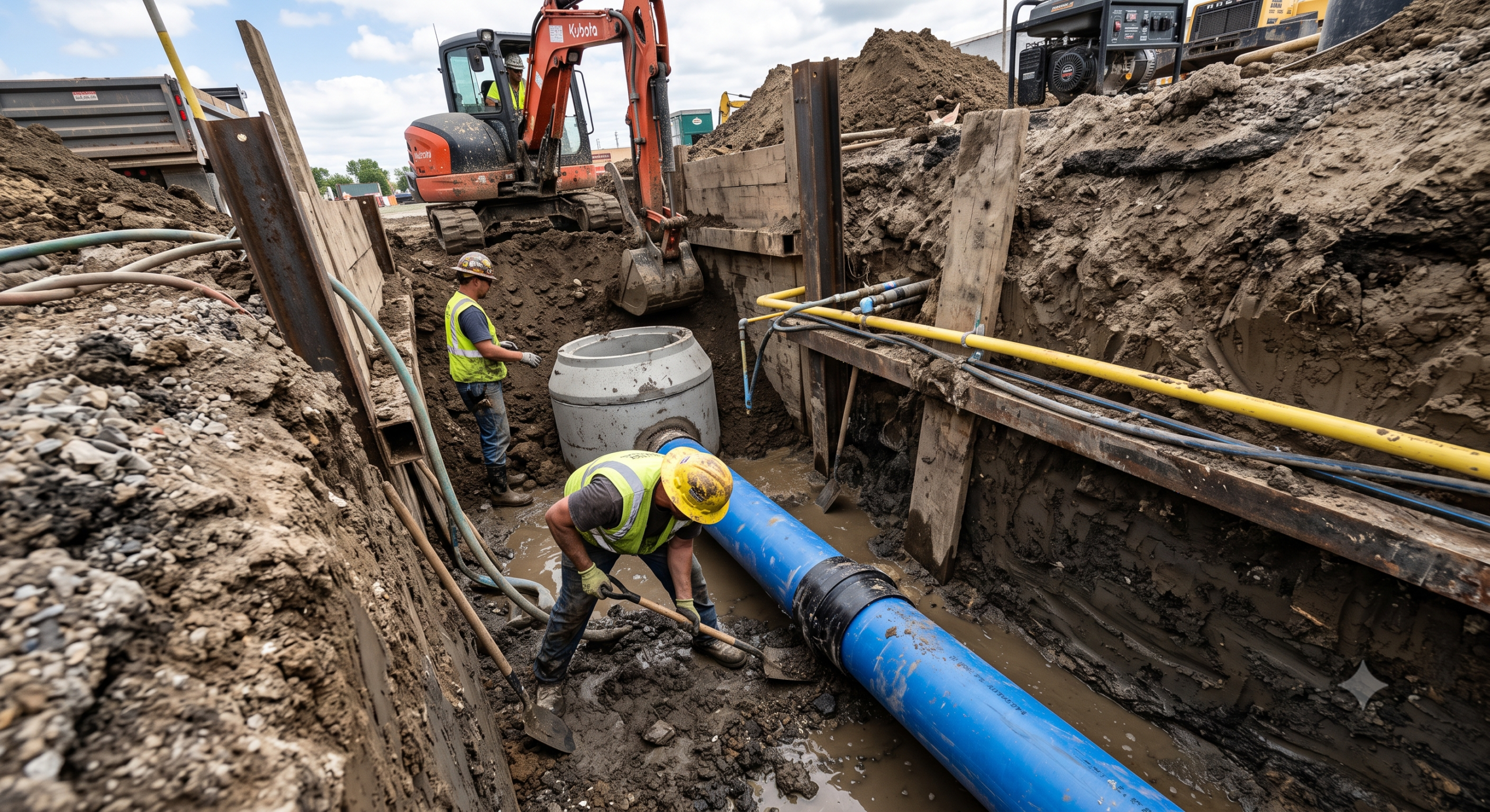 Two workers installing blue underground pipe in a shored trench beside a mini excavator